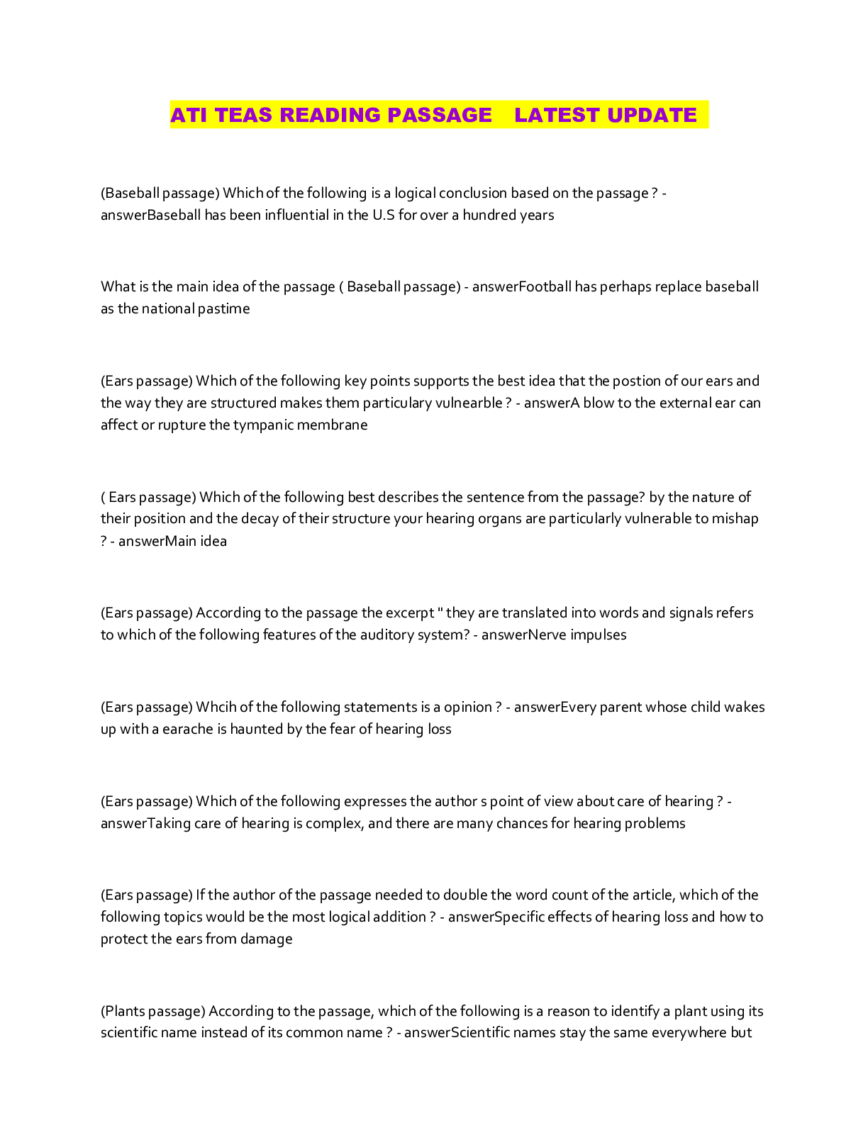 Preview image of ATI TEAS READING PASSAGE LATEST UPDATE document